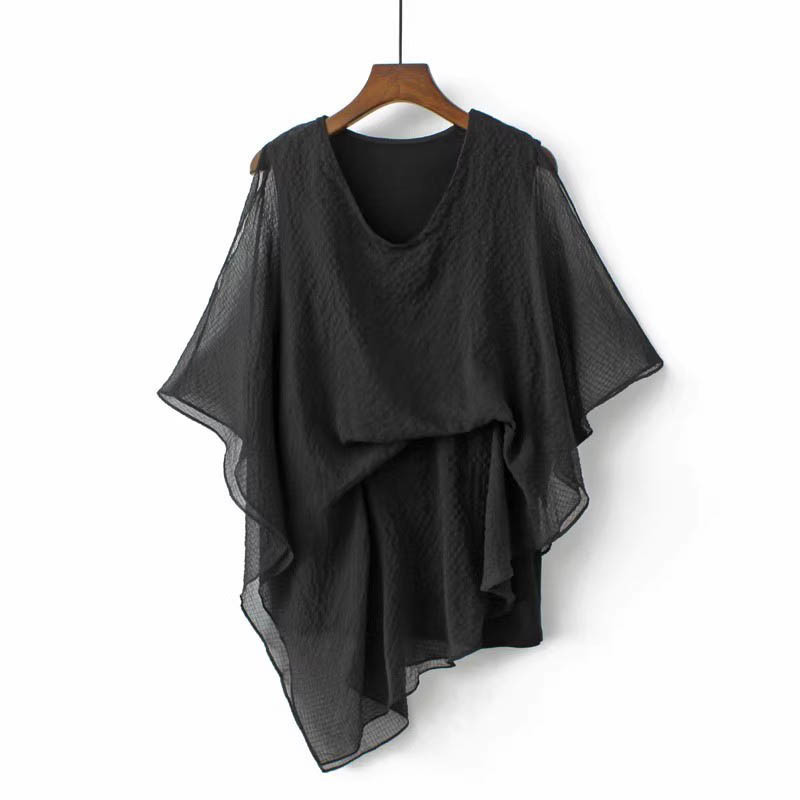Cross-border New Chiffon Shirt Chubby Western-style plus size Half-sleeve Women's Shirt Ice Silk Loose Belly-covering Slimming French Top