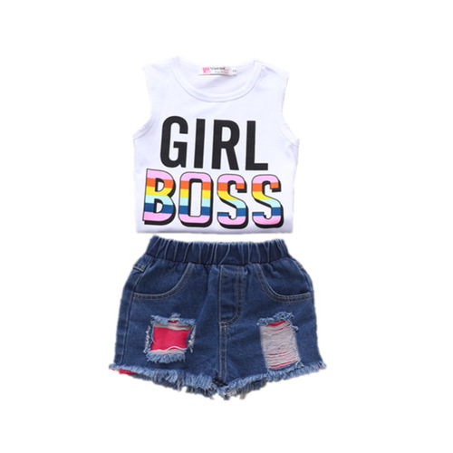 Girls' Suit European and American Style New Arrivals Vest Letter Printed Top Denim Ripped Shorts Two-piece Set Drop Shipping