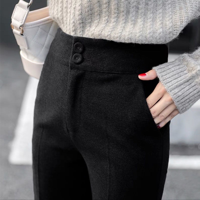 Woolen pants for women in autumn and winter thickened nine-point pants double-breasted small feet roe trousers straight loose suit pants cigarette pants
