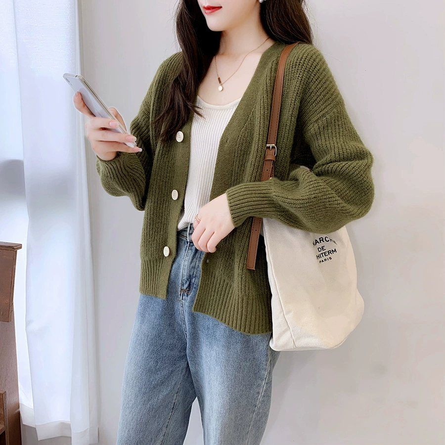 Сладкий вязаный кардиган пальто весна-осень верхняя одежда Свободный длинный рукав ленивый нежный стиль V-образным вырезом Осень свитер однобортный 1