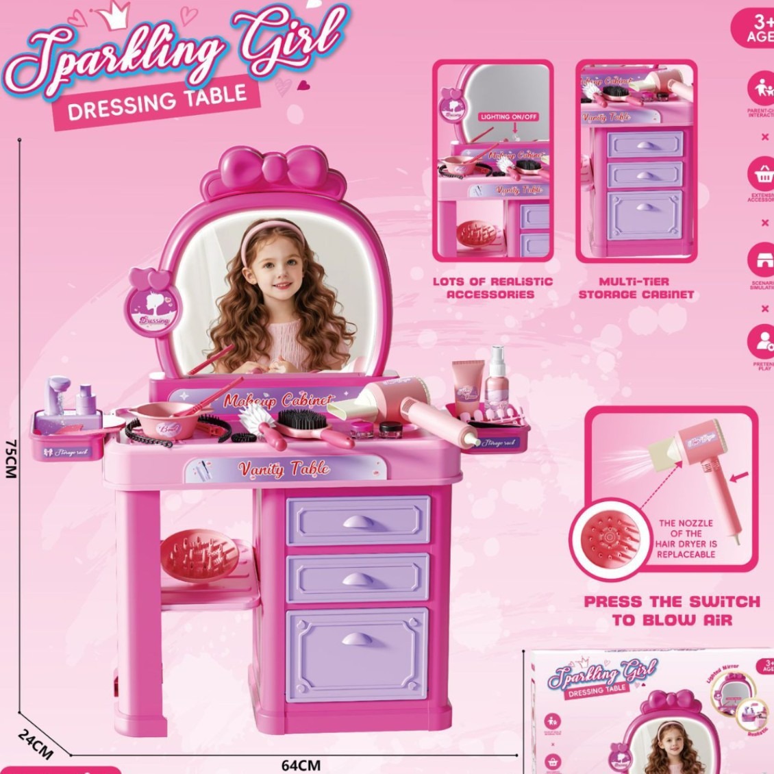 Comercio exterior infantil simulación de luces, música, princesa, joyas de maquillaje, tocador, secador de pelo, juguetes de mesa de maquillaje