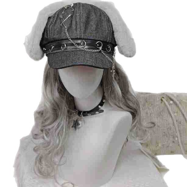 オリジナル y2k ミレニアムホットガールニッチかわいいリボンサブカルチャー八角形帽子女性の秋多用途金属チェーン|undefined