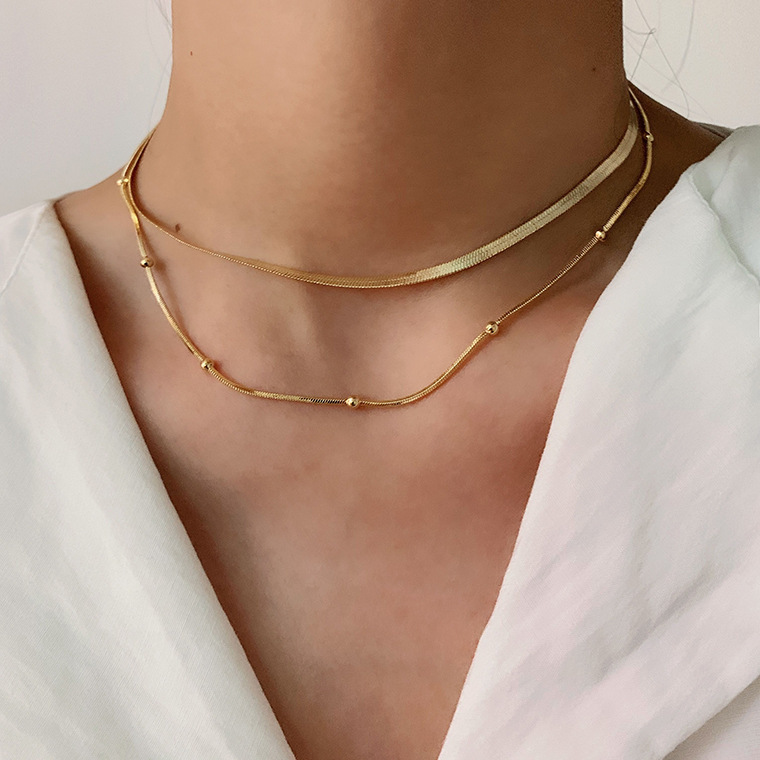 INS nueva moda apilados collar de acero inoxidable collar 14K chapado en oro Cadena de cuentas de joyería collar de cadena de serpiente para las mujeres
