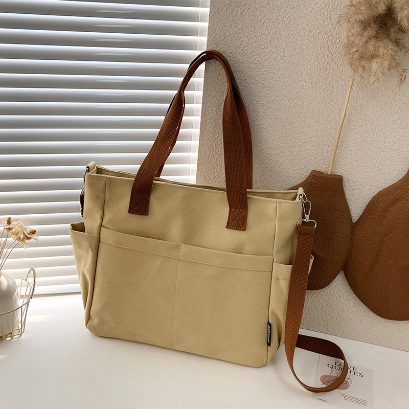 Bolso Tote de Lona para Mujer, Cierre de Cremallera, Múltiples Bolsillos, para Uso Diario