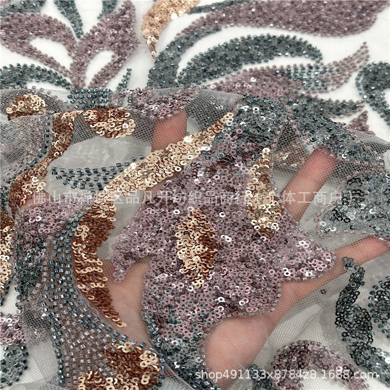 Pipe de perlas de alta calidad bordado sequinilla tela de malla de encaje vestido de boda europeo vestido de banquete tela de moda de encaje