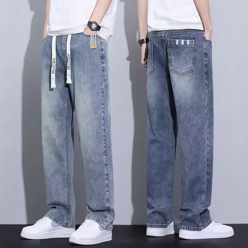 Men's Jeans with Elastic Waist, Stretchy, Loose, Straight-Leg, Spring and Autumn Thin Style, American Retro Wide-Leg Casual Pants