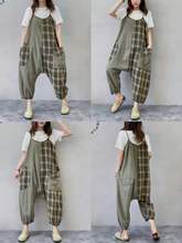 cj2025新女式下装格子小清新文艺风外贸感棉麻背带裤九分裤跨境