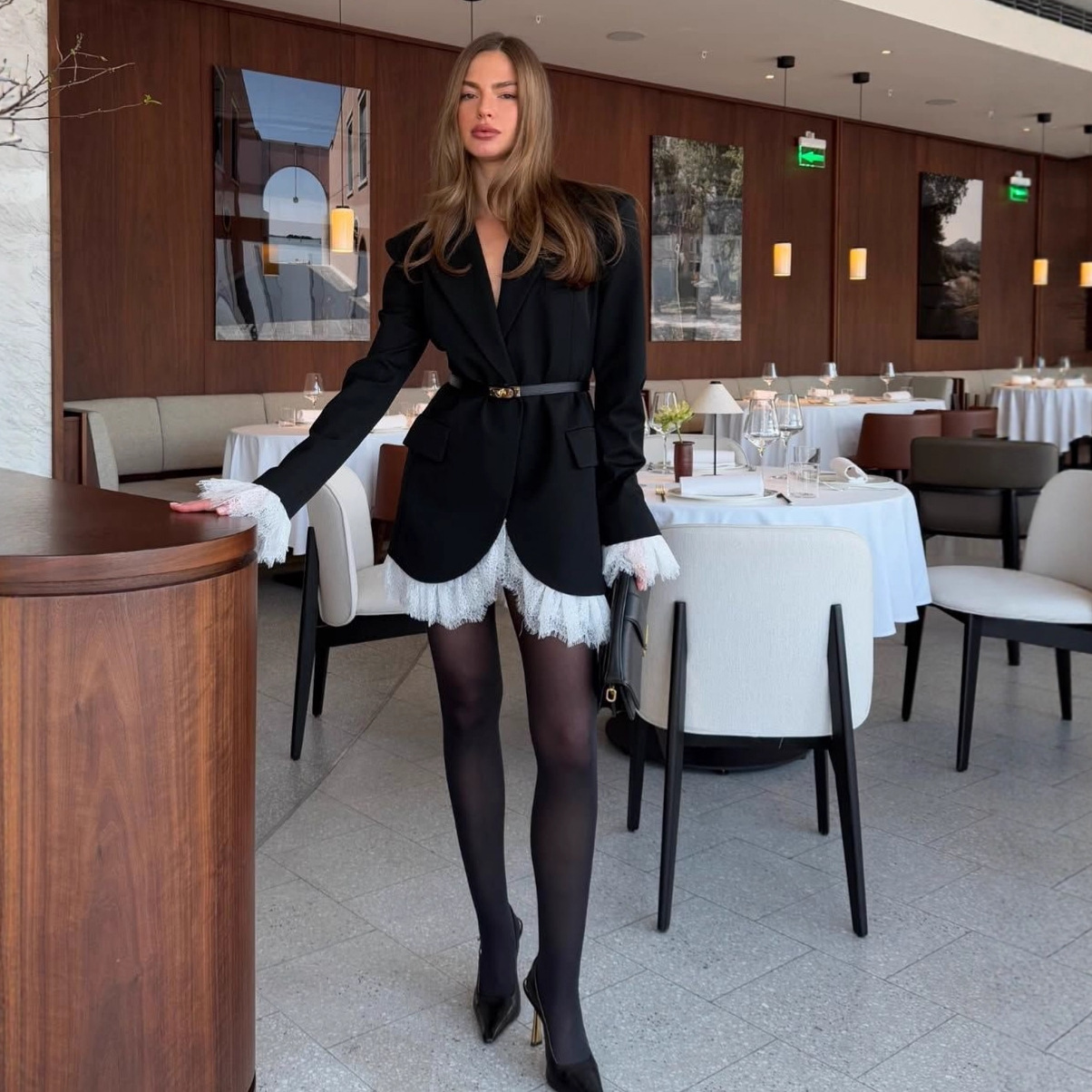 2025时尚秋季新款欧美亚马逊跨境外贸女装长袖蕾丝拼接气质西装裙