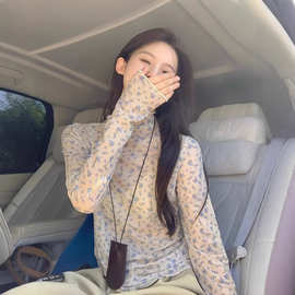 修身长袖t恤女春季薄款木耳边半高领碎花打底衫网纱叠穿内搭上衣