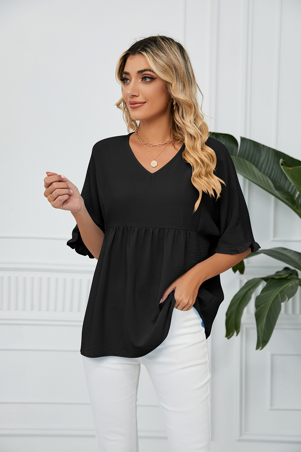 Γυναικεία ρούχα με μασίφ λαιμόκοψη σε φαρδιά πλισέ πάνελ με μεσαίο μανίκι μπλούζες σιφόν_voghion.com