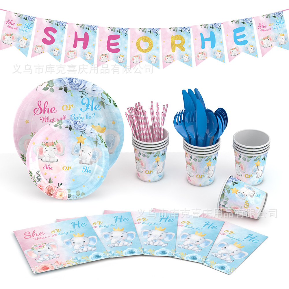 Amazon bebé género revelar partido decoración suministros niño niña plato de papel desechable taza de papel vajilla traje