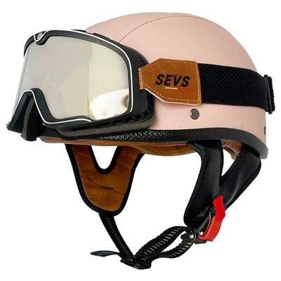 and women's half helmet electric, Motosiklet kaskı (dəbilqə) - pink-flat-leather-helmet-large-frame-goggles-m