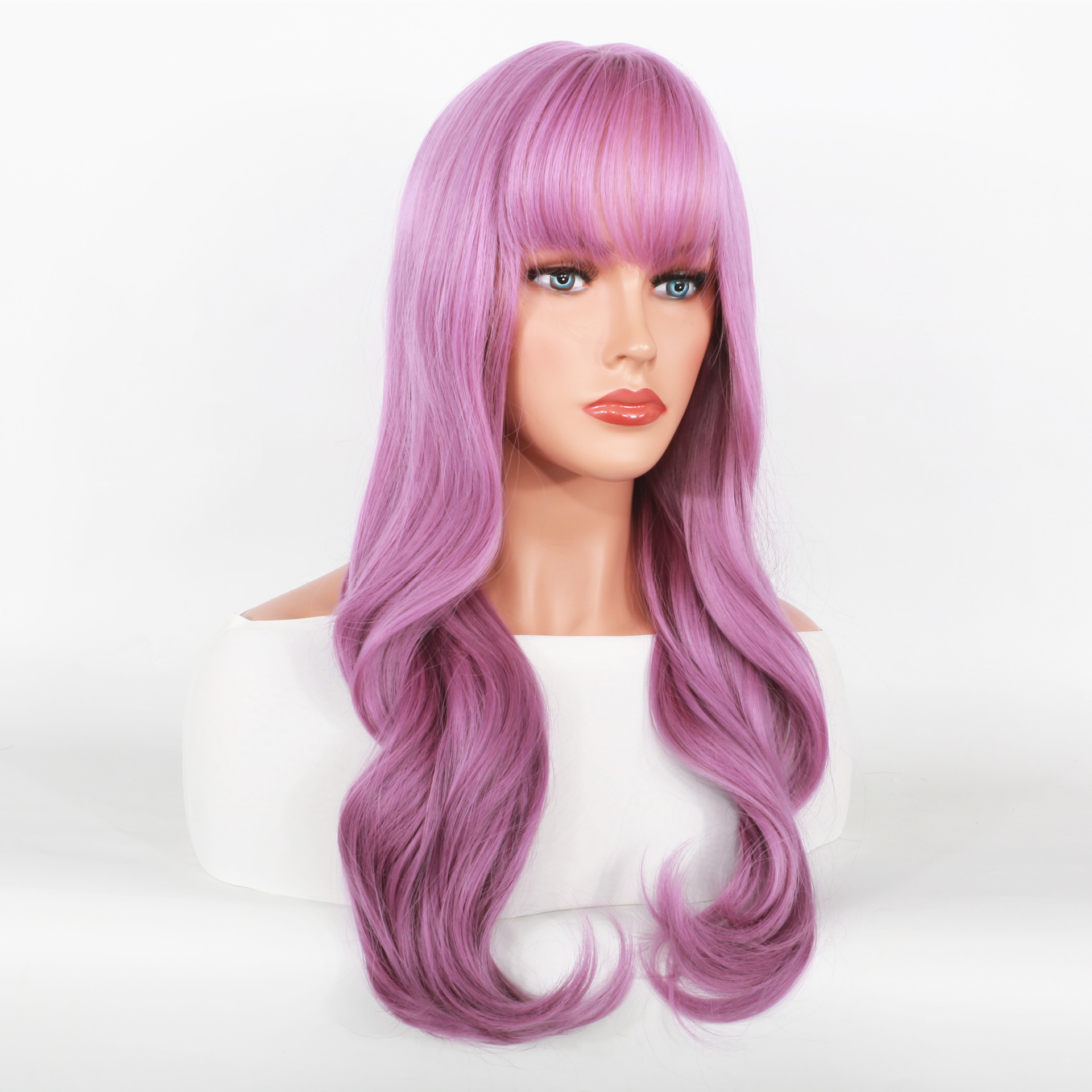 Parrucche sintetiche per donna con frangia d'aria, capelli lunghi e ricci, viola, onde grandi, meccanismo in fibra sintetica_voghion.com