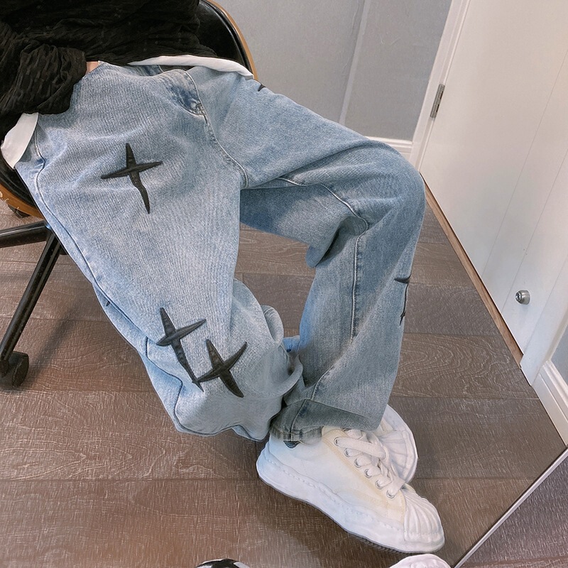 Autumn American Retro Cross Patch Embroidered Blue Jeans National Trend Hip-Hop High Street Ins Loose Straight Pants