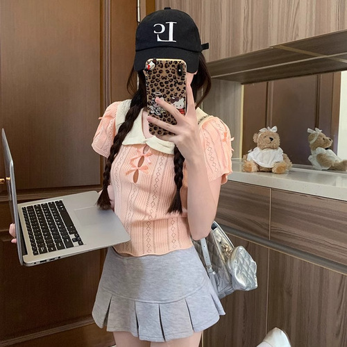 Summer New Women's Fashion French-Style Doll-Collar Knitted Short-Sleeved T-Shirt, Short Style, with Bowknot and Hollowed-Out Design, Sweet Top for Instagram