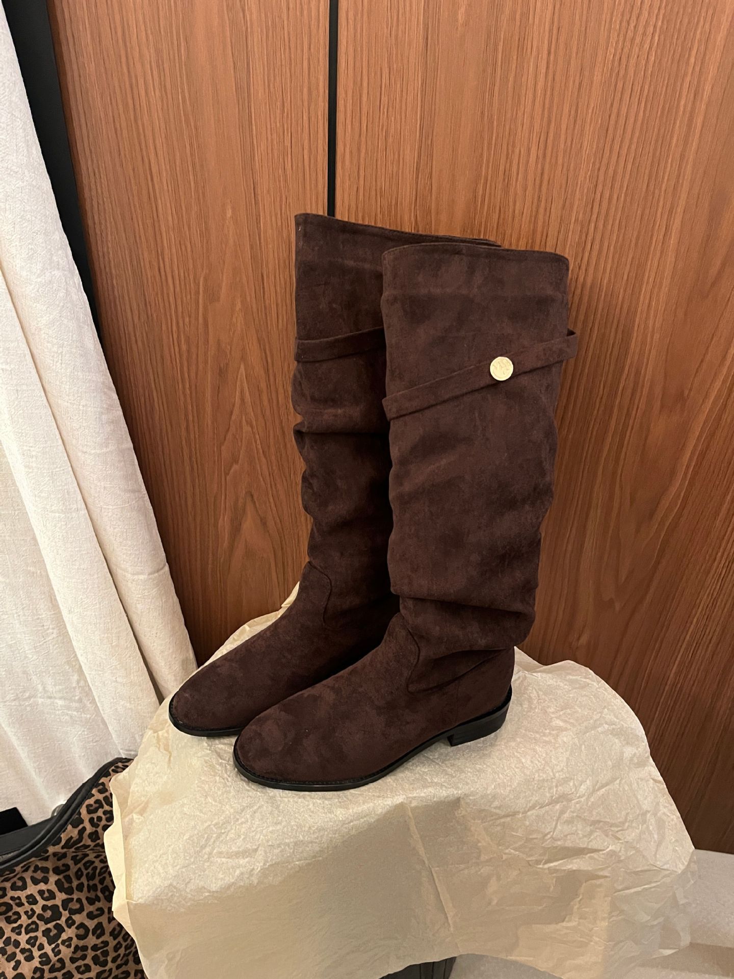 ShoeVault 2024 Chunky Heel Retro Fleece-Lined Coffee Color Riding French Style Slim Bare Autumn Winter Women's Over-the-Knee Boots_voghion.com