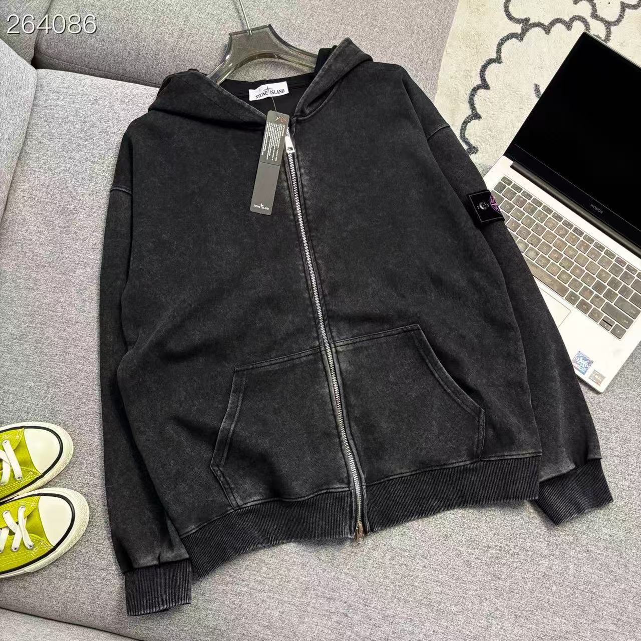 Stone Island Hooded Jacket Washed Cotton Badge Black