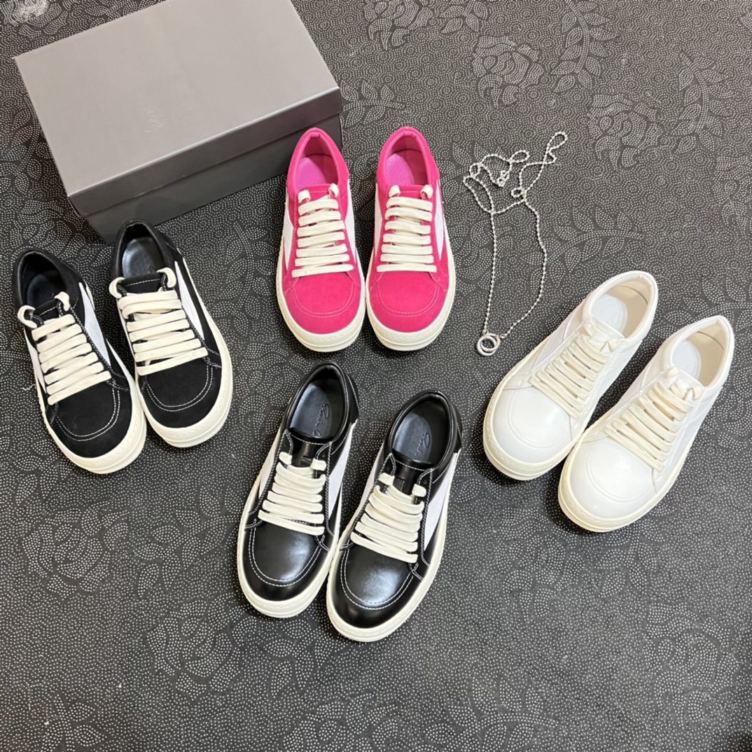 2024 Novo RO couro genuíno cano baixo com sola grossa, cadarço preto e branco, sapatos casuais escuros de rua para ambos_voghion.com