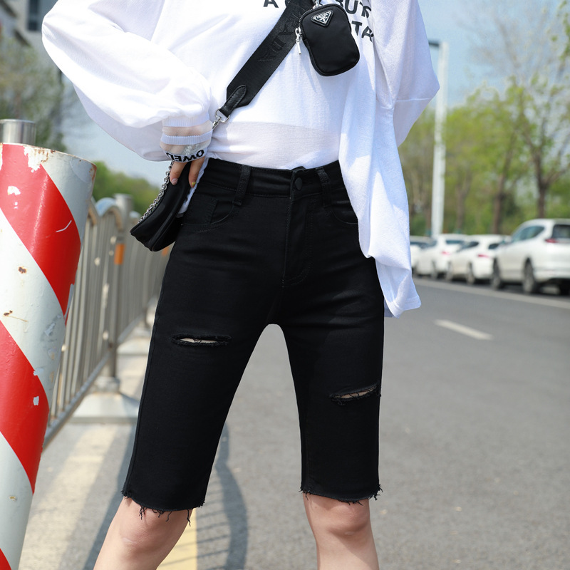 Denim shorts women's summer thin cropped ripped tight cycling pants plus size stretch slimming high waist outer wear Middle pants Denim shorts women's summer thin cropped ripped tight cycling pants plus size stretch slimming high waist outer wear Middle pants