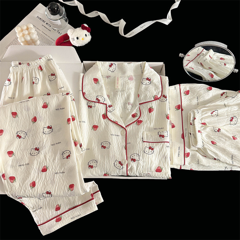 Pijamas de amor dulce de color, pantalones de manga corta de hilo de algodón de nube de verano para mujer, cárdigan de tres piezas, servicio a domicilio