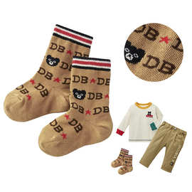 童袜男女儿童卡通巧克力黑熊字母满刺绣中筒袜宝宝袜子