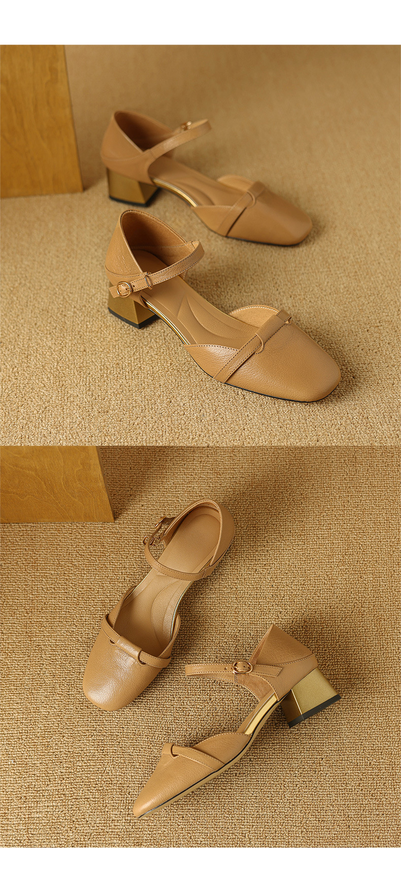 Sandal nữ bít mũi da bò thật quai chữ V đế thấp — Màu caramel chi tiết 15