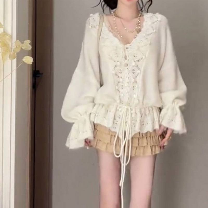 YS慵懒风V领毛球羊毛外套女设计感薄款绑带镂空针织衫宽松开衫女|undefined