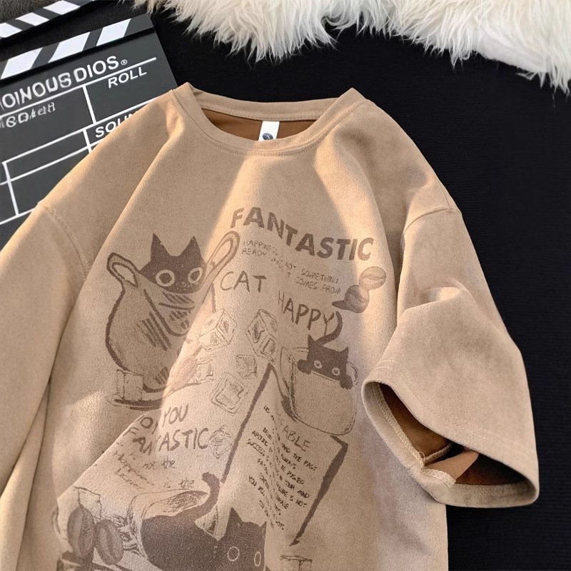 Suede Creative Fun Printing Cool Crew Neck Short Sleeve Men's Spring and Summer Thin Fashionable Simple Casual Half Sleeve