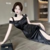 Long slit suspender off shoulder satin dress with bottom lining