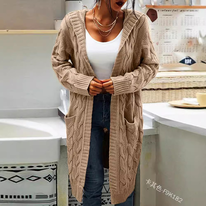 Cross-Border European and American 2023 Aliexpress Pure Color Hooded Twisted Knitwear Mid-Length Women's Cardigan Jacket