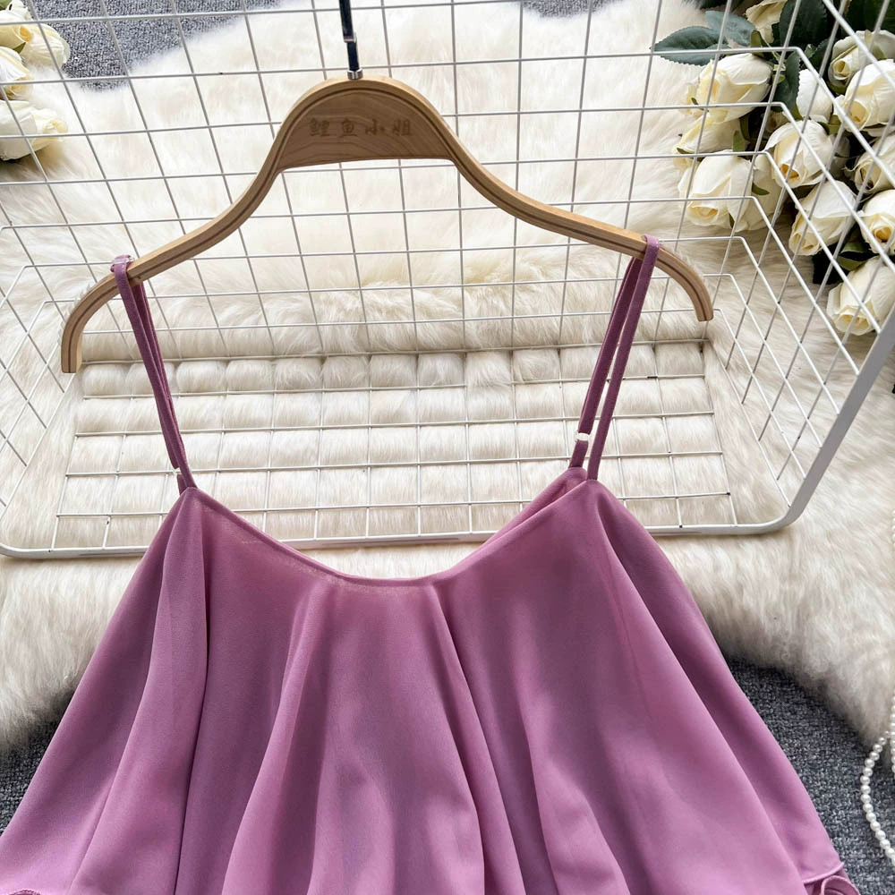 Off-shoulder Ruffled Chiffon Blouse, Double-Layer Sleeveless, 2022 Summer, One Size