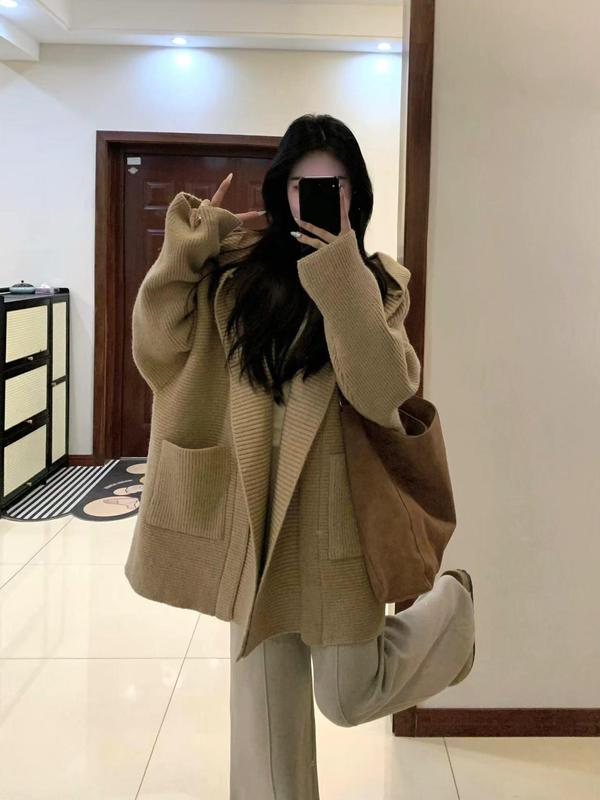 慵懒风连帽口袋毛衣开衫女秋冬韩系廓版中长款宽松针织衫外套|undefined