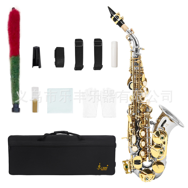 Slade Soprano Saxophone with Curved Neck in B-Flat, Nickel-Plated Body, Gold Keys, White Shell Keys, and Cloth Bag Set Slade Soprano Saxophone with Curved Neck in B-Flat, Nickel-Plated Body, Gold Keys, White Shell Keys, and Cloth Bag Set