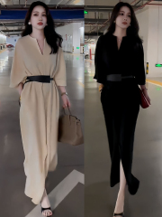 2025新款入秋时尚减龄穿搭连衣裙女绝美洋气显瘦独特掐腰开叉长裙