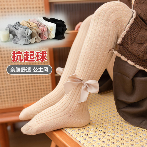 Cross-border supply large bow straight bar children's pantyhose spring and autumn thin large PP baby infant base socks and pants