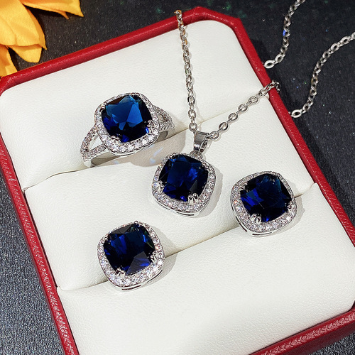 Cao Suitable European and American Style Jewelry Set, Fashion Square Royal Blue Zircon Series Accessories, Luxurious and Elegant Jewelry