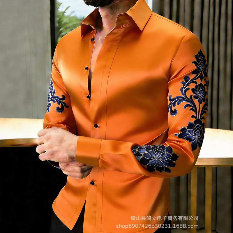 2026 New Autumn Men's European-Style Floral Gold-Stamped Long-Sleeve Shirt Men's Casual Shirt 2026 New Autumn Men's European-Style Floral Gold-Stamped Long-Sleeve Shirt Men's Casual Shirt