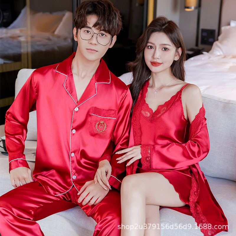 2023 spring and autumn pajamas wedding wedding couple suit high-end wedding summer ice silk red gift for bride dowry