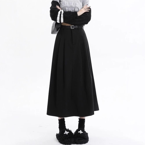 Women's Autumn/Winter Grey Wool Blazer Skirt Large Size Fat Mm High-Waisted Hip-Hiding Slimming A-Line Medium-Length Pleated Umbrella Skirt