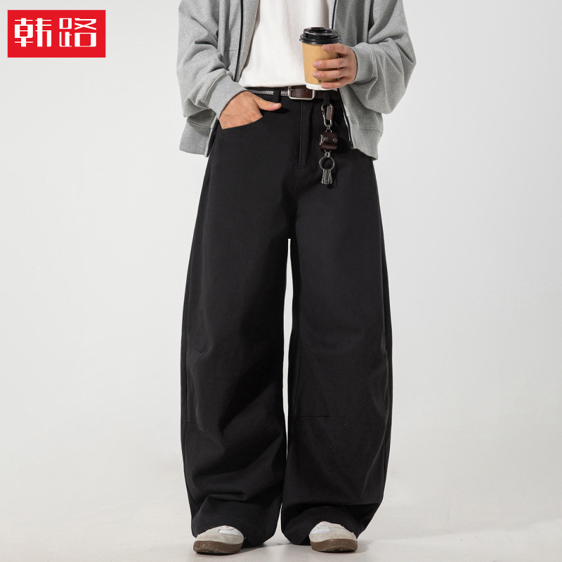 American Retro Pleated Silhouette Scimitar Pants, Autumn Style Straight-Leg Workwear Casual Pants, Textured Loose Trendy Brand Long Pants