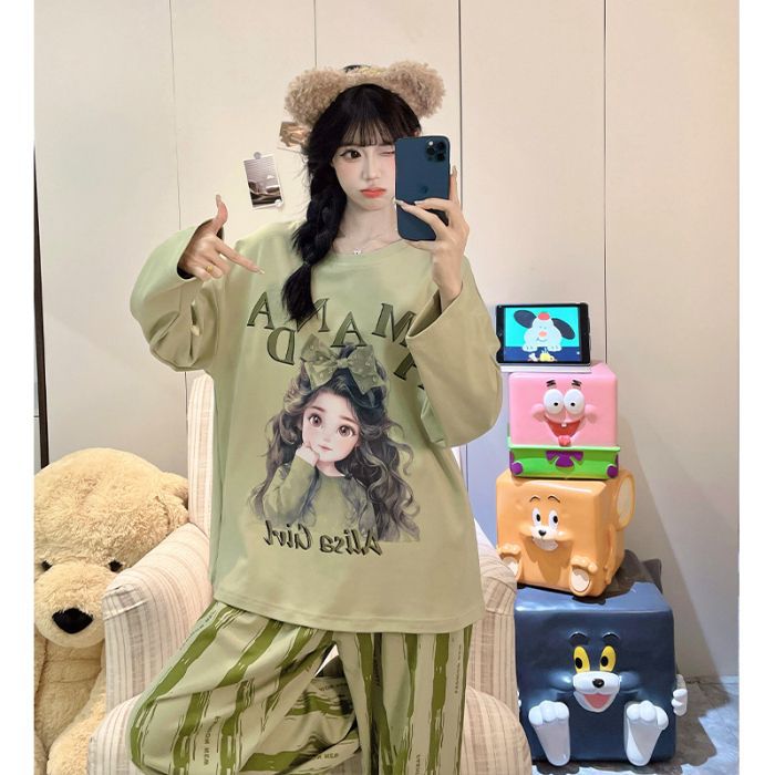 Al por mayor transfronterizo otoño nuevo pegamento de algodón de manga larga de cuello redondo pijama de mujer dibujos animados dulce ropa de estilo doméstico se puede usar
