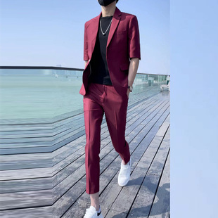 High-End Men's Korean Style Slim Suit Suit Three-Quarter Short-Sleeved Summer Thin Casual Mid-Sleeve Dark Green Small Suit