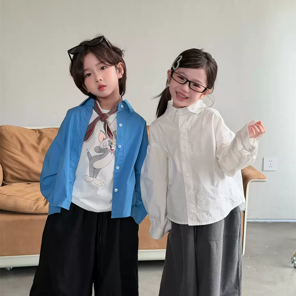 2026春季童装韩版儿童纯色翻领衬衫男女童休闲百搭拼接衬衣洋气