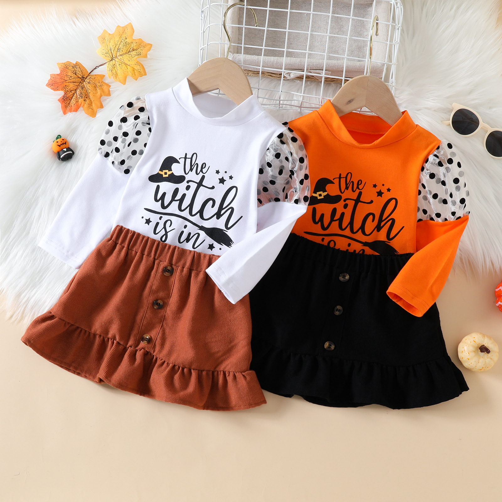 Halloween Fashion Letter Button Cotton Girls Clothing Sets display picture 1