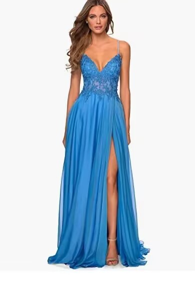 Nuevo vestido de fiesta de gasa con apliques de encaje, tirantes delgados con tirantes abiertos, vestido de noche de banquete sexy