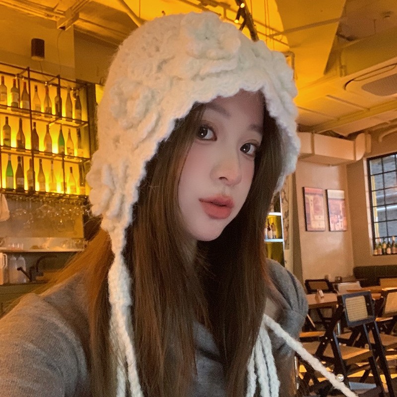 落雪白100纯手工帽子女冬2025新款羊毛流苏毛线帽绑带护耳雷锋帽|undefined
