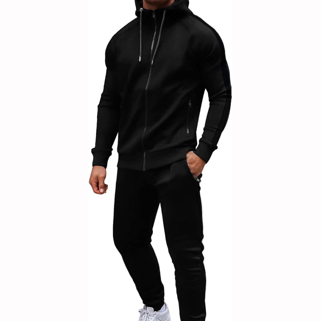 欧米の男性カジュアルスポーツスーツファッションジッパーフードコートフィットネスパンツ男女ランニング2点セット