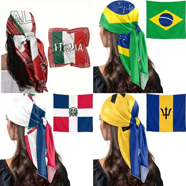 Amazon Temu's Popular European and American Style Faux Silk Headscarf Square Scarf with Flag Pattern Design