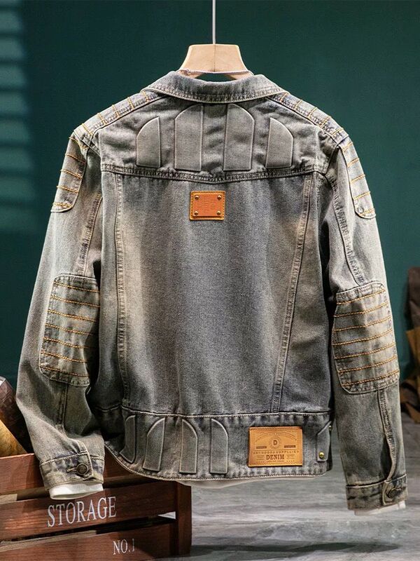 Rough American Retro Style Distressed Washed Patchwork Biker Jacket Denim Coat with Turn-Down Collar Hip-Hop Loose Workwear Jacket Rough American Retro Style Distressed Washed Patchwork Biker Jacket Denim Coat with Turn-Down Collar Hip-Hop Loose Workwear Jacket