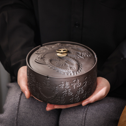 New Style Zisha Ceramic Cigarette Ashtray with Lid, Windproof Ashtray, Business Gift, Hotel Bar Smoking Accessories, Decorative Item